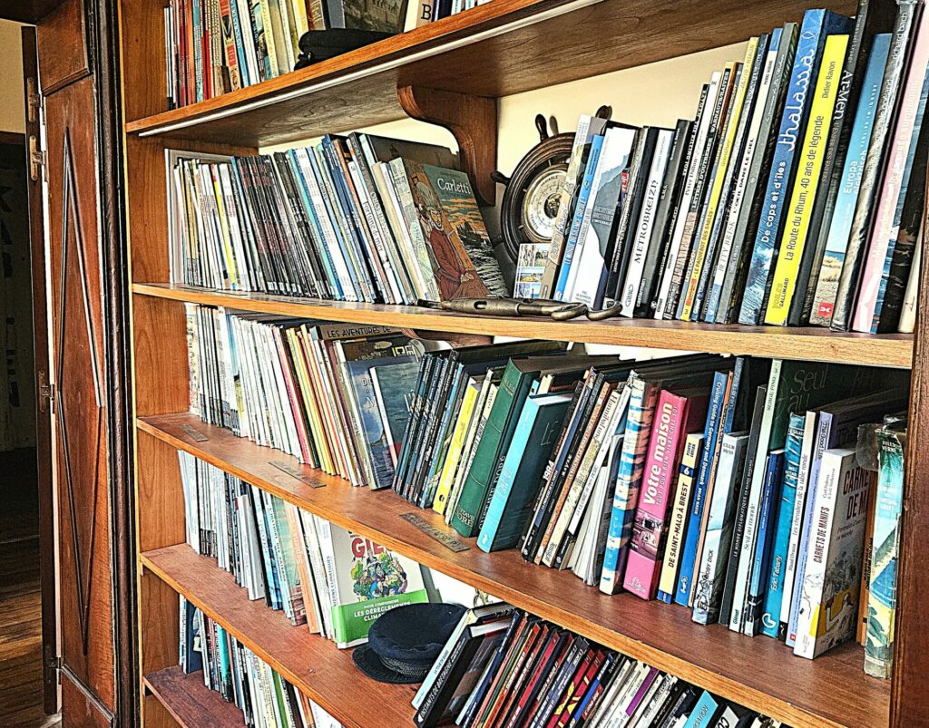 Bibliothèque avec de nombreuse BD sur le thème de le mer.